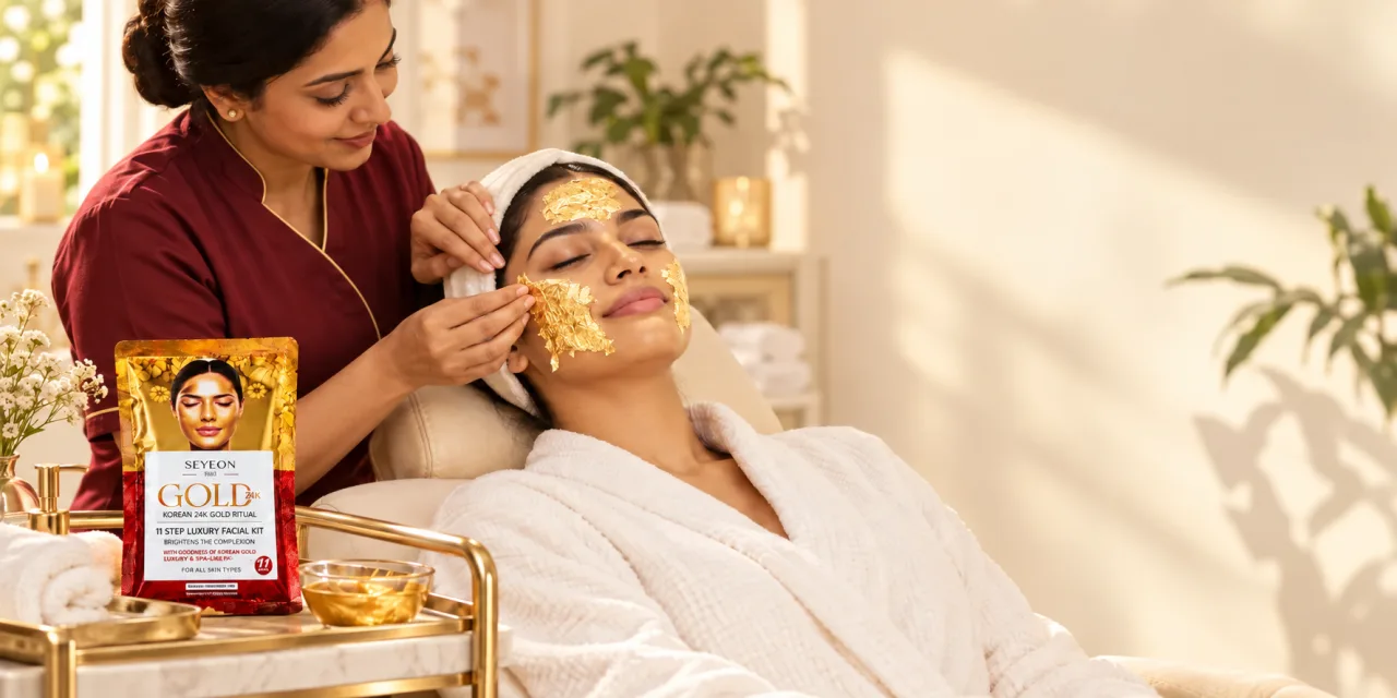BeautyKlove professional placing gold foil on a client’s face at home
